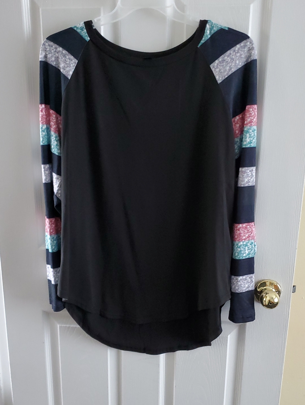 SHEIN Black Top with Striped Patterned Sleeves (Teal, Pink, Gray)
